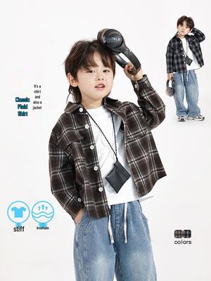 Boys' Trendy Plaid Long-Sleeve Shirt - 2025 Spring/Autumn Korean Style Fashion for Big Kids