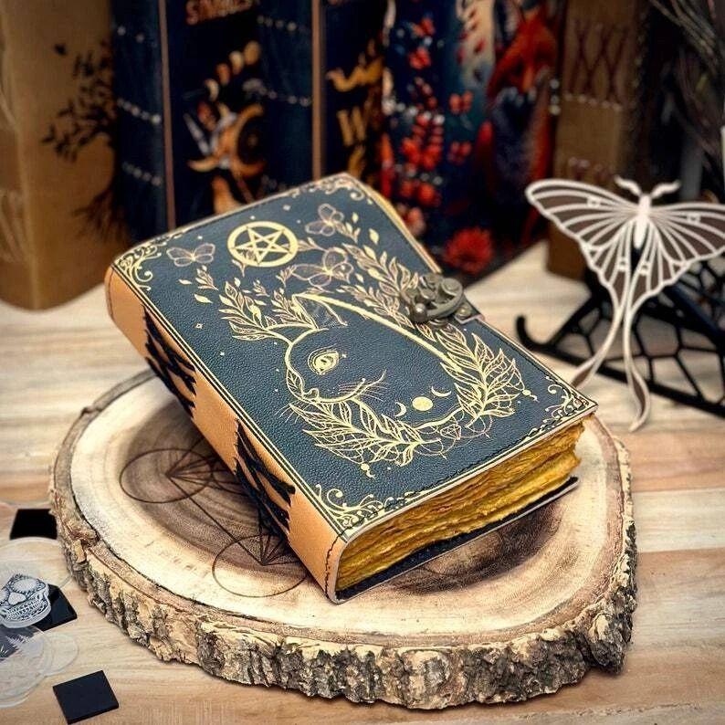 Grimoire Journal Leather Print Caltic Cat Journal Blank Spell Book of Shadows