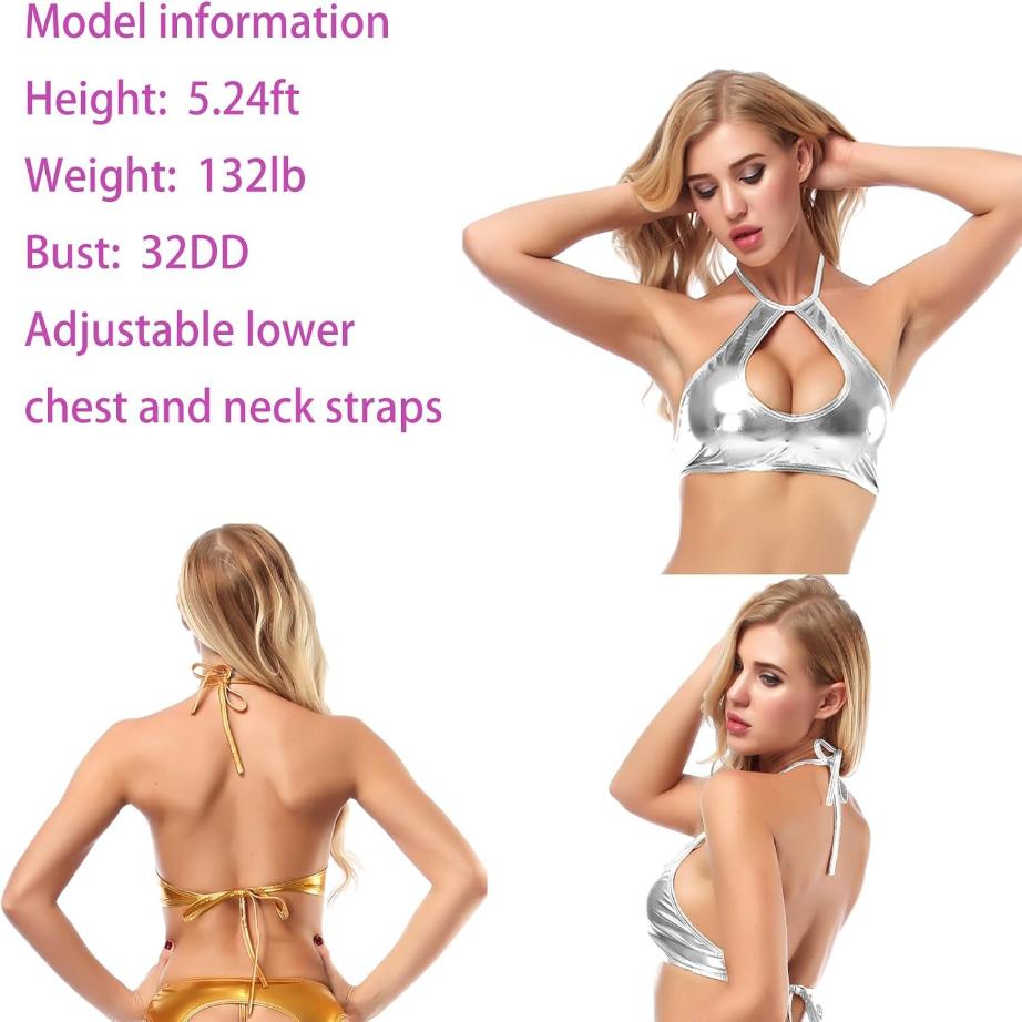 Shiny Metallic Rave Tops for Women Sexy Wet Look Leather Bra Halter Strap Outfit Crop Tops