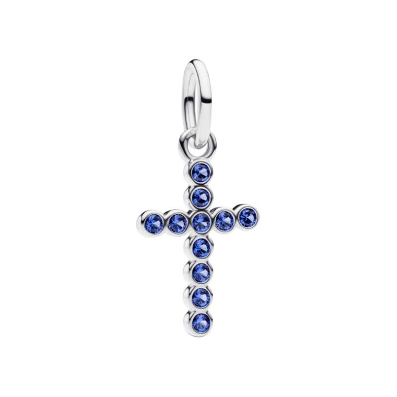 Pandora Cross shape design 925 silver glass pendant/pendant for men and women, couple model, blue 794063C01 синий