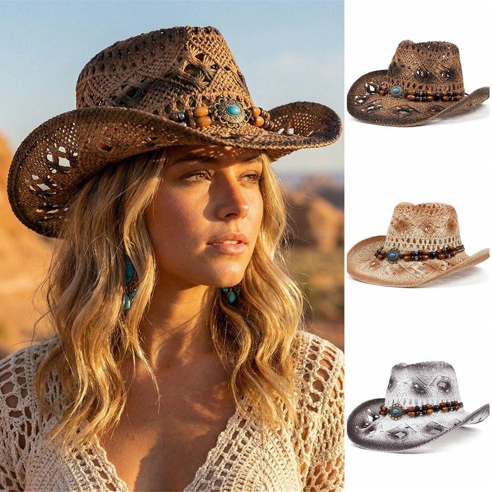 Beads Western Cowboy Hat Wide Brim Cowgirl Visor Cap Fashion Sun Hat Ladies