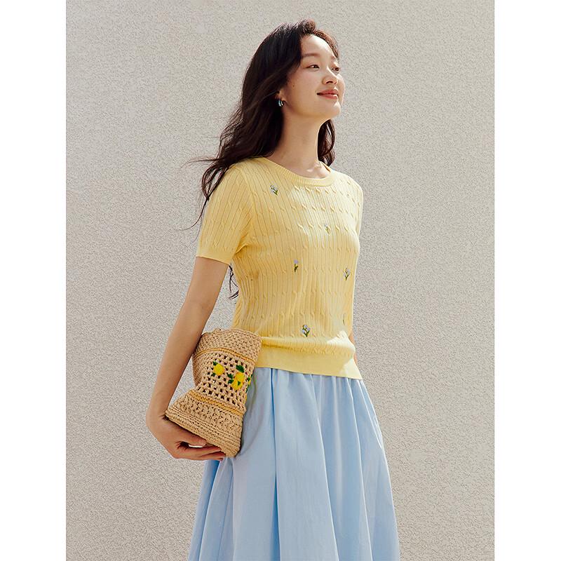 INMAN Botanical Floral Embroidered Short Sleeve Knit Top