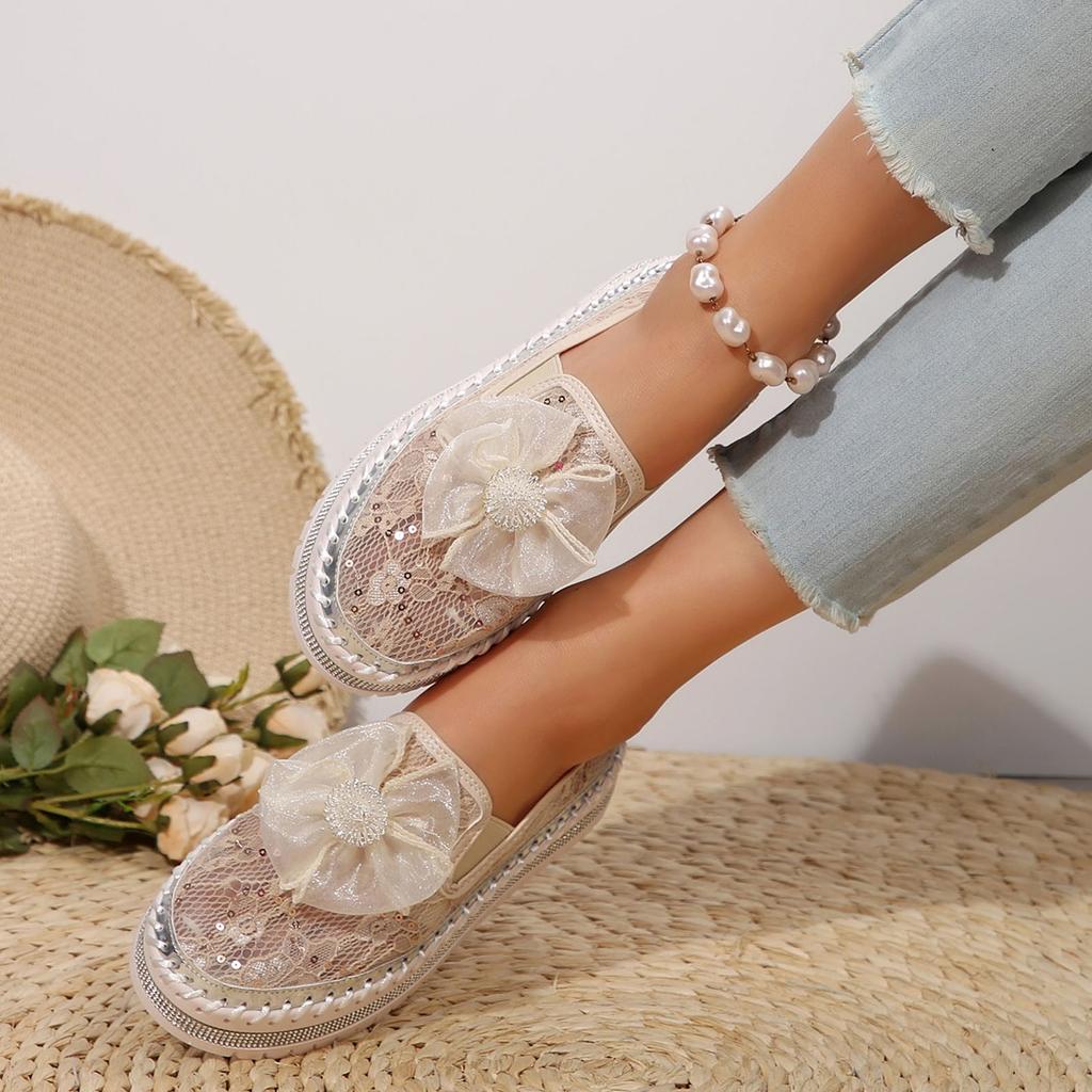 Flat Sandals Women'S Platform Rhinestones Glitter Sneakers Fashion Cute Bow Comfy Breathable Canvas Hand Stitching Slip Walking