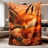 Cute Sleeping Red Fox Cherry Blossom Floral Blanket Warm Orange Watercolor Animal Print Soft Throw Blanket for Bed Sofa