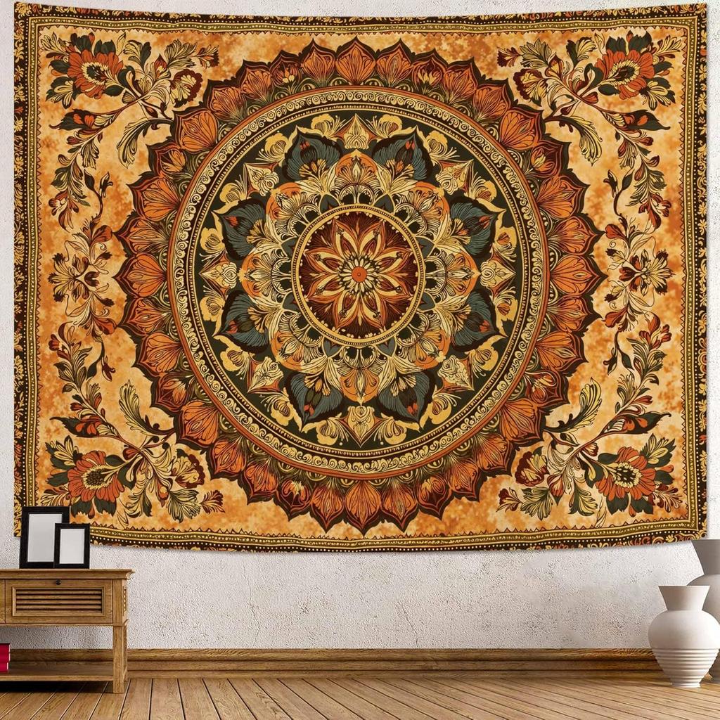 Bohemian Mandala Tapestry, Intricate Floral Design In Warm Orange & Brown Hues, Wall Art for Cozy & Eclectic Rooms