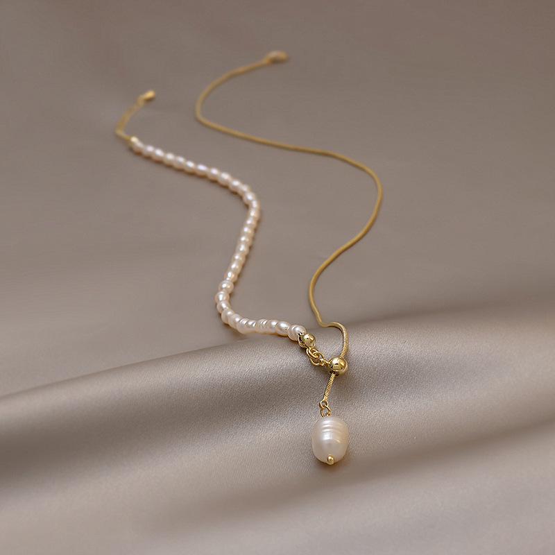 Women's Freshwater Pearl Y-Shaped Clavicle Necklace with Adjustable Sliding Buckle