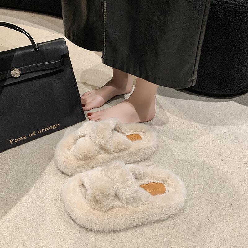 Internet celebrity open-toed fluffy slippers women's autumn and winter new thick-soled non-slip one-word cross-strap cotton slippers