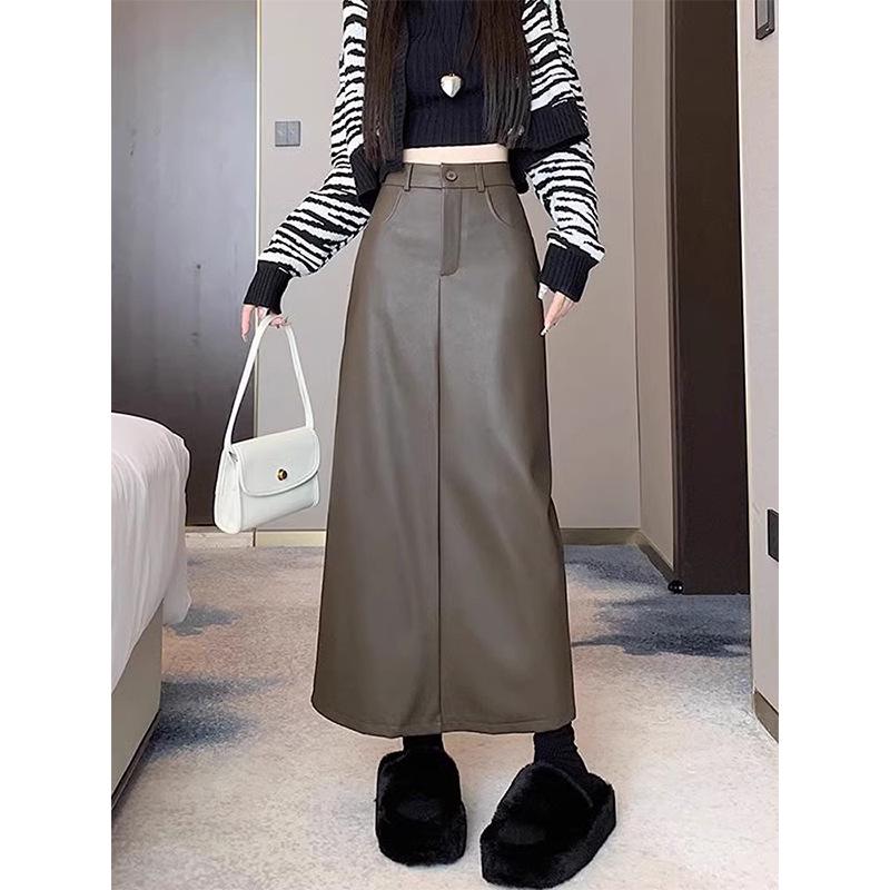 Plus Size High Waist PU Leather Midi Skirt - Retro A-Line Pencil Design with Slit for Women, Autumn/Winter Collection