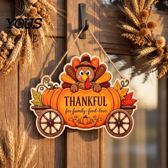 Indoor Outdoor Holiday Sign Thanksgiving Front Door Hanging Sign, Pumpkin Turkey Pattern Hanger, Autumn Ornament Harvest Wall for Farmhouse Porch Home