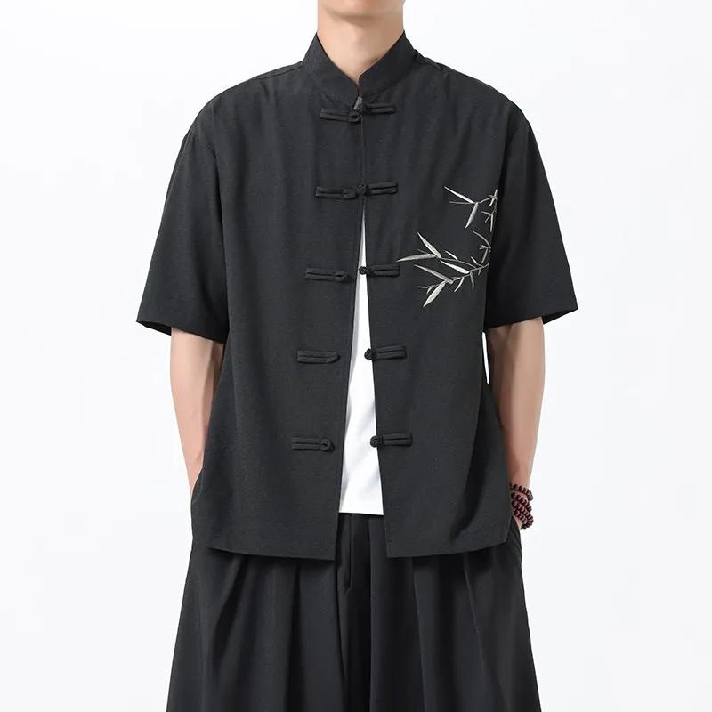 Men Hawaiian Shirt 2026 Men Short Sleeves Bamboo Embroidered Shirt Male Frog Button Tops Summer Beach Casual Chinese Shirts