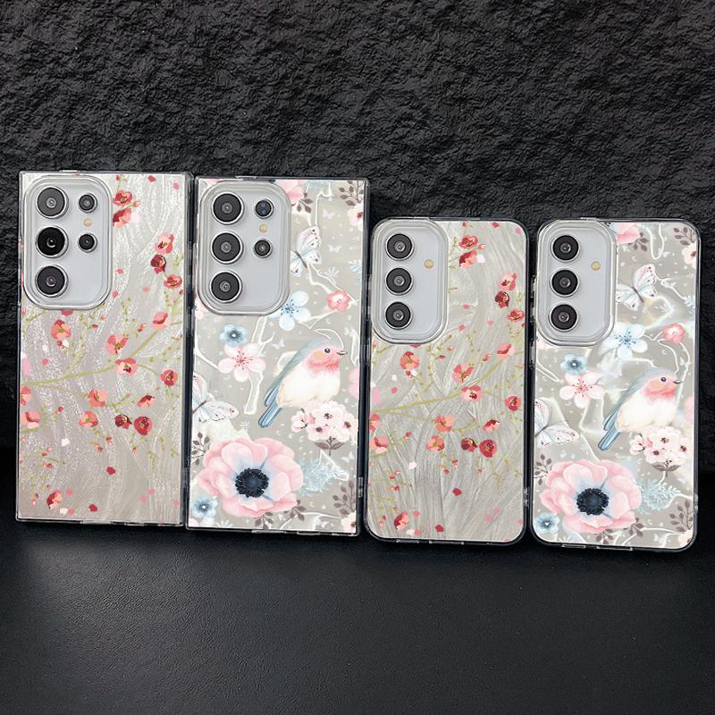 Red Floral Pattern Feather Sparkling Hard PC Slim Phone Case For Samsung S25 Ultra S24 FE S23 A36 A56 A16 A55 Glitter Shockproof TPU Soft Edge Cover