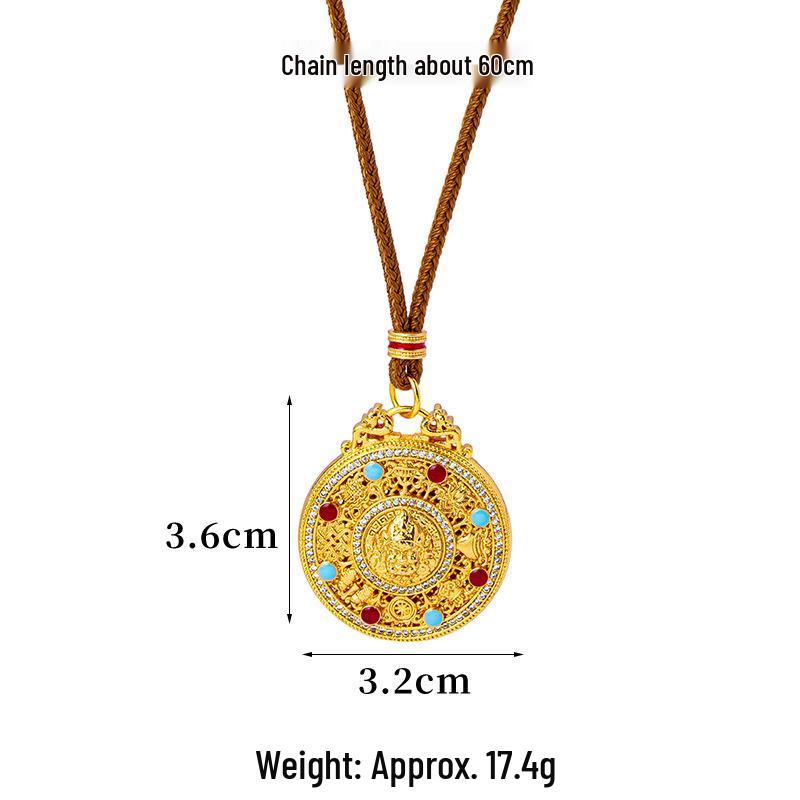 Ethnic Style Drip Oil Eight Treasures Compass Necklace with Sand Gold God of Wealth Pendant