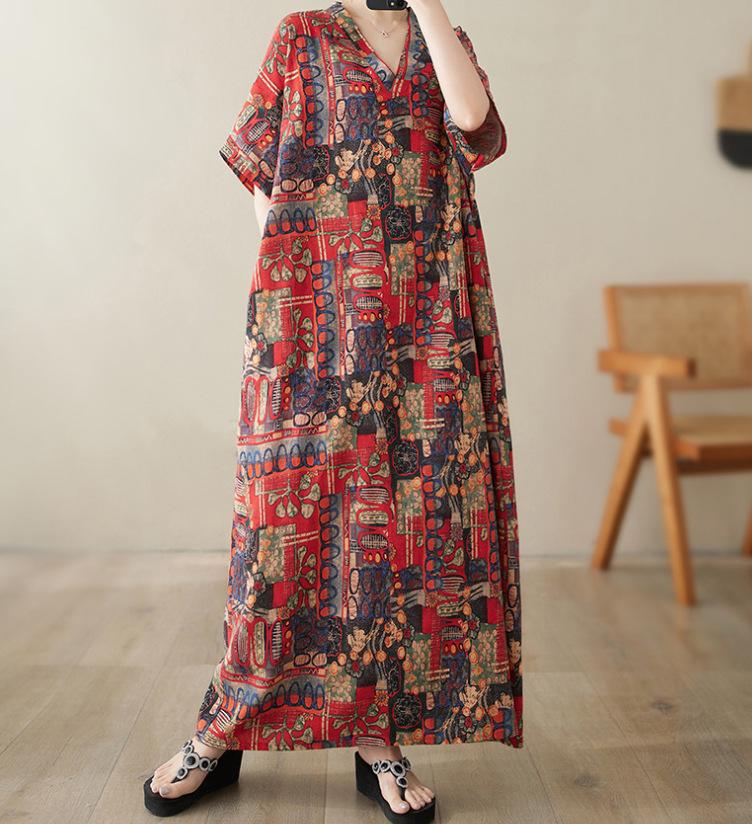 Summer Plus Size Loose Fit Vacation V-Neck Short Sleeve Maxi Dress Women Beach