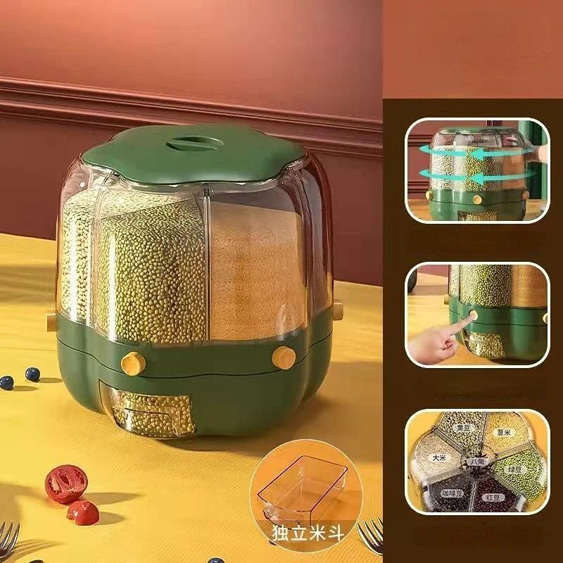 Large Capacity Kitchen Rice Tank Grain Box White/Green Food Storage Container 360° Rotating Rice Barrels Sealed Cereal Dispenser