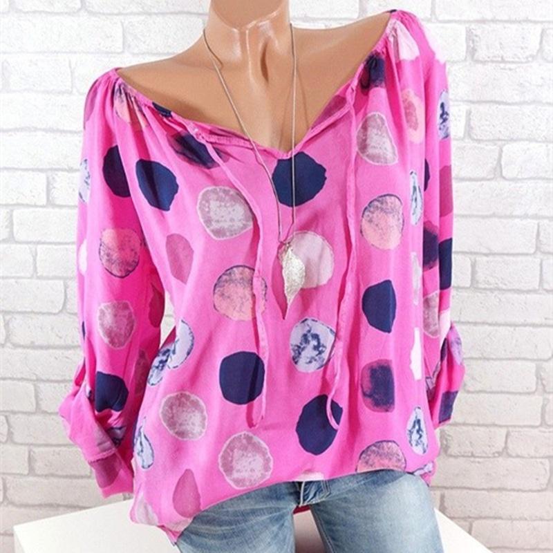 Elegant Women Summer Fashion Long Sleeve Blouse V-neck Stylish Dot Printed Shirts Tops