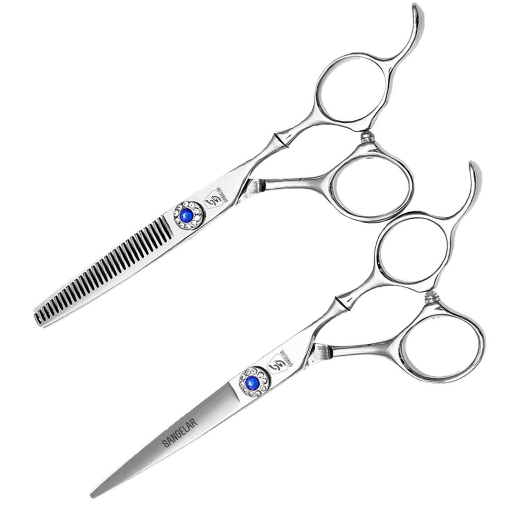 SANGELAR 6 Inch Silver Hairdressing Hair Scissors Cutting Shear Thinning Scissors Haircut Professional Top Grade Hair Scissors
