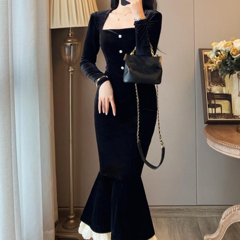 Vintage Bodycon Velvet Mermaid Festklänningar Dam Elegant Spets Patchwork Kvällsbal Vestidos Kvinna Höst Vinterkläder