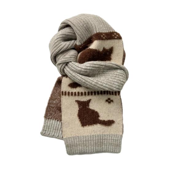 Women Scarf Cartoon Cat Design Arctic Fleece Warm Soft Universal Size Long Scarf Casual Clothing Accessory