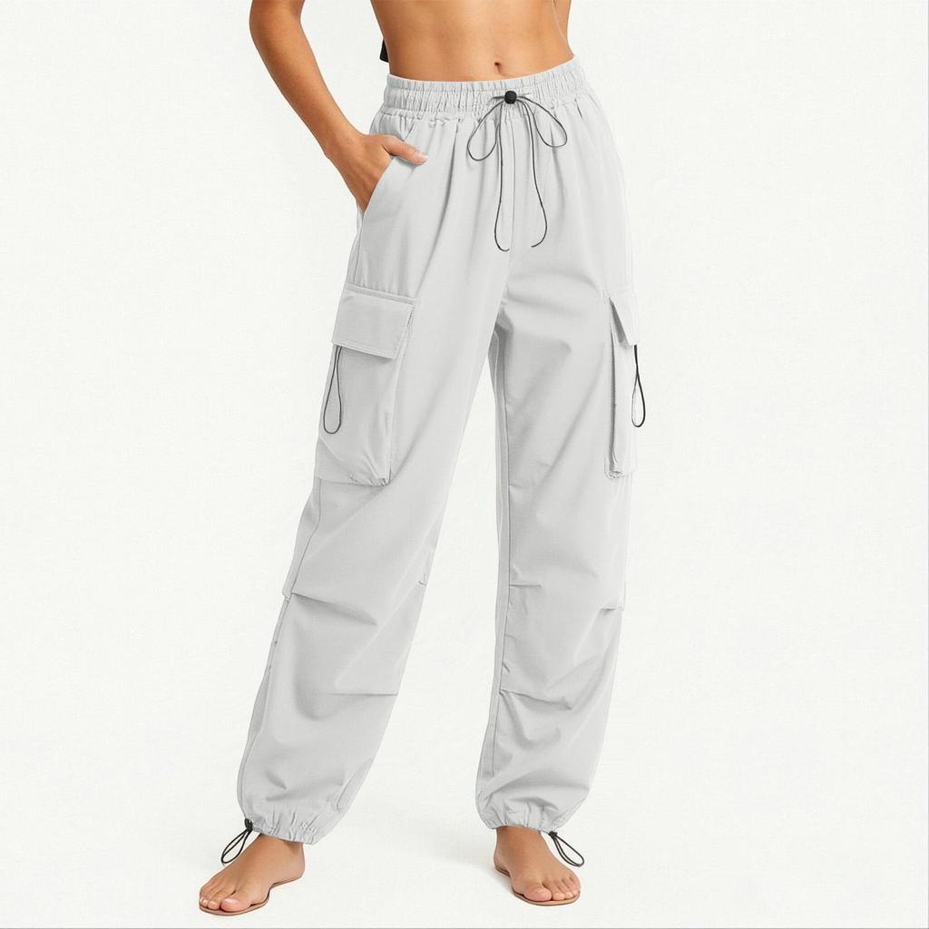 Women Casual Cargo Pants Elastic Waistband Drawstring Adjustable Ankle Pockets Loose Fit Workwear Trousers