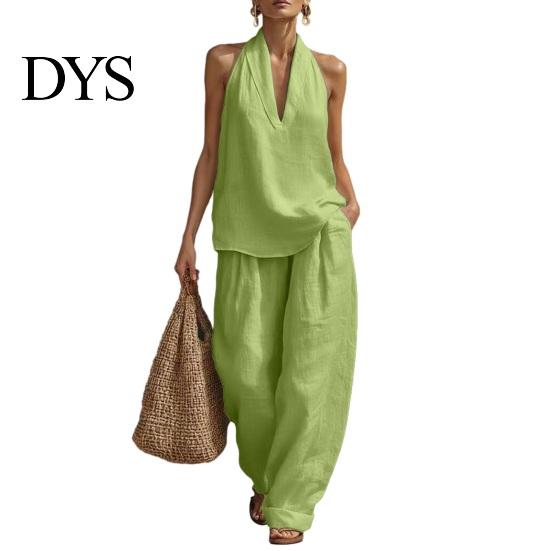 Einfaches Elegantes Anzug Zweiteiliges Baumwoll Leinen Sets für Damen Ärmellos V-Ausschnitt Lässig Formell Tragen Neckholder Top Passende Weite Hosen Sommerurlaub