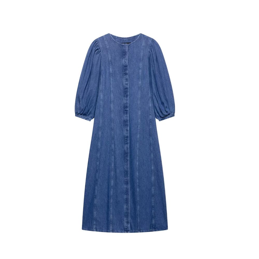 

Spring/Summer 2025 Women s Elegant Round Neck Washed Denim Dress Extra Small