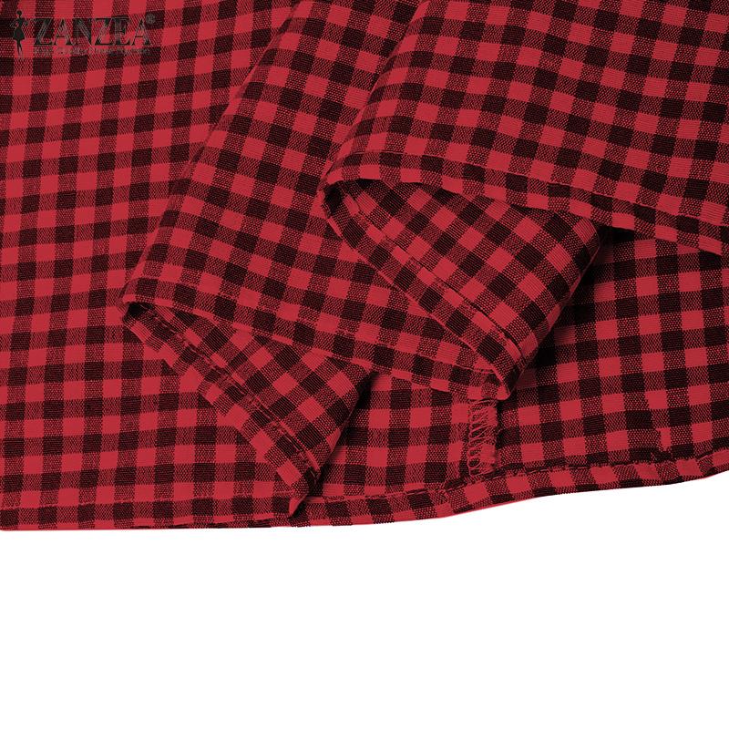 ZANZEA Women Casual V-Neck Summer Short Sleeve Plaid Print Dress