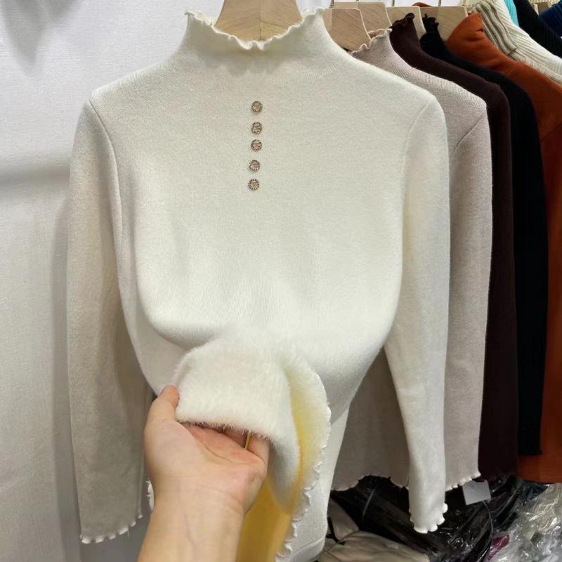 Fungus lace collar fleece thickened knitted bottoming shirt women's autumn and winter new fashion integrated fleece pullover sweater