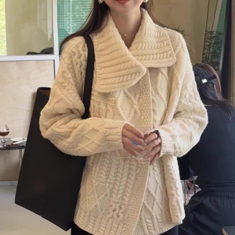 Lapel sweater jacket women's autumn and winter new design soft waxy thickened loose lazy wind twist knitted cardigan