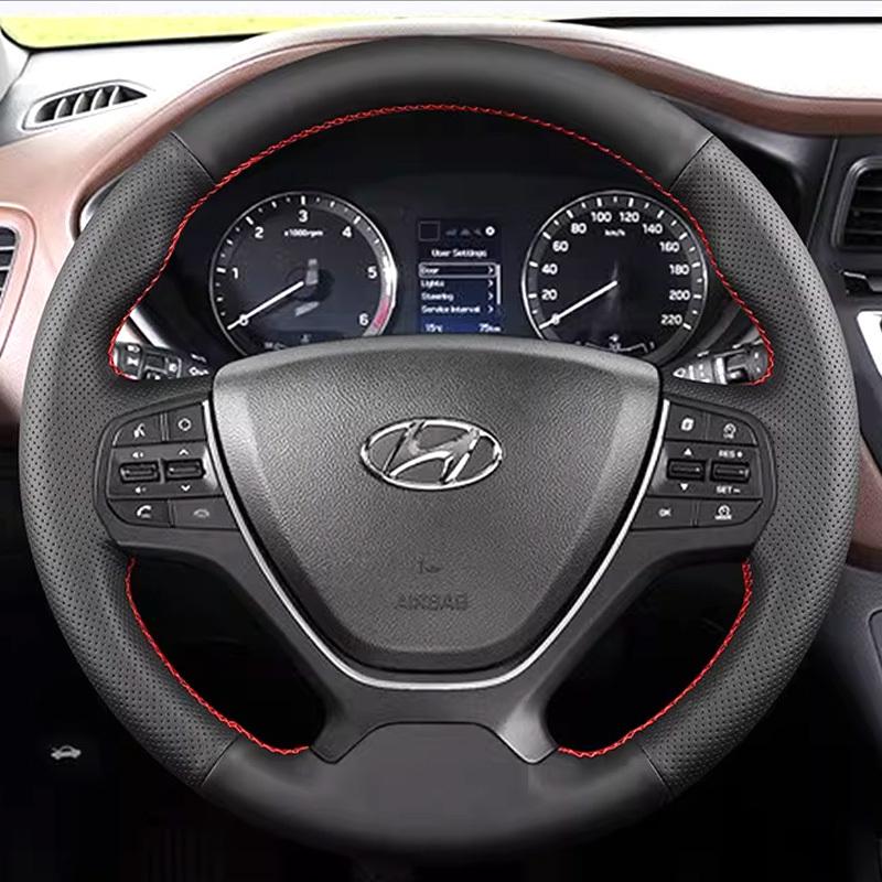 Hand Stitched Non-slip Car Steering Wheel Cover for Hyundai I20 Mk2 2015-2018 DIY Black Perforated Leather Car Interior
