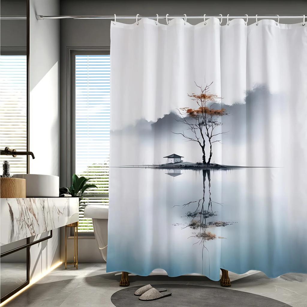 1pc Chinese Landscape Ink Painting Pattern Digital Printing Shower Curtain Bathroom Home Decor with Free Hook Machine Washable