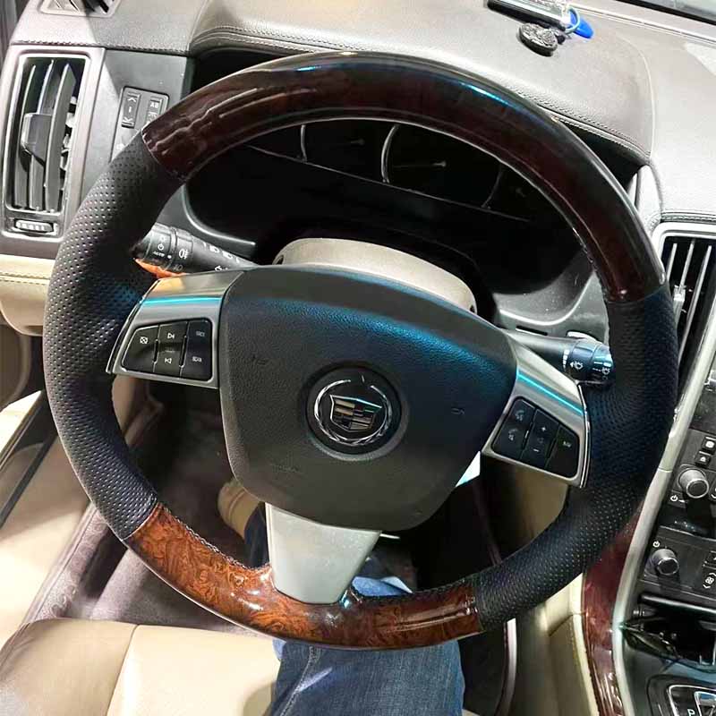 For Cadillac CTS STS 2008-2013 DIY Wooden Leather Braid Car Steering Wheel Cover Accessory