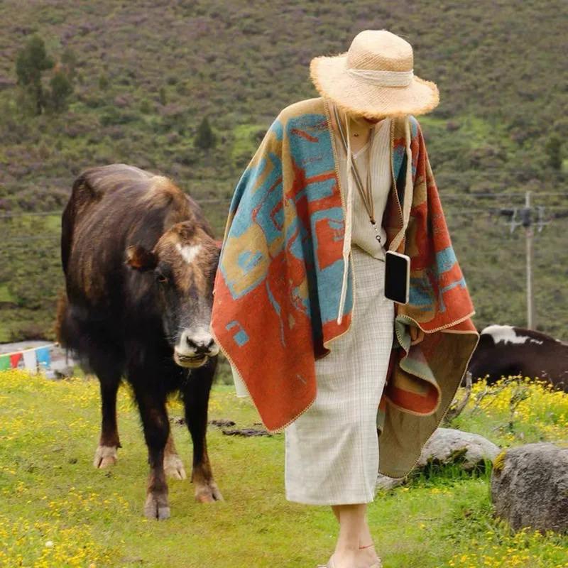 Ethnic Style Imitation Cashmere Shawl: Versatile Travel-Friendly Warm Cloak, Scarf, Resort Cape Outerwear.