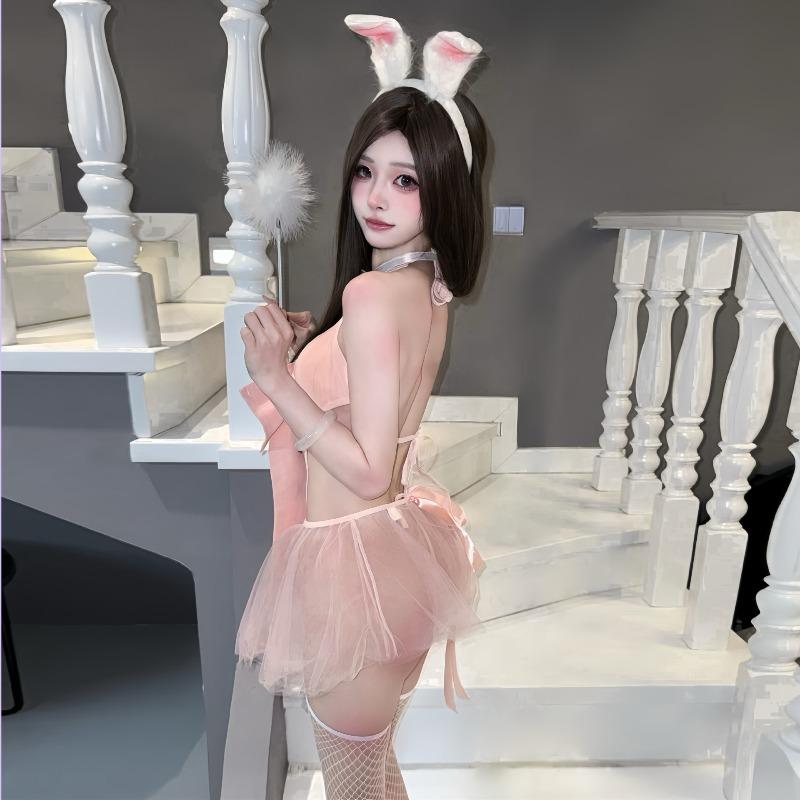 Dusk Pink Bow Three-point Erotic Underwear Pure Desire Temptation Splicing Mesh See-through Robe Free Set