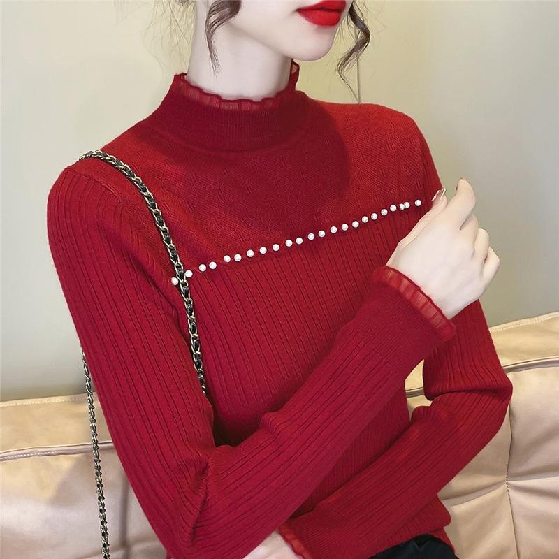 In Stock Autumn Winter Korean Womens Semi High Neck Solid Pullover Base Layer Multi Color Slimming Cutout Knit Sweater