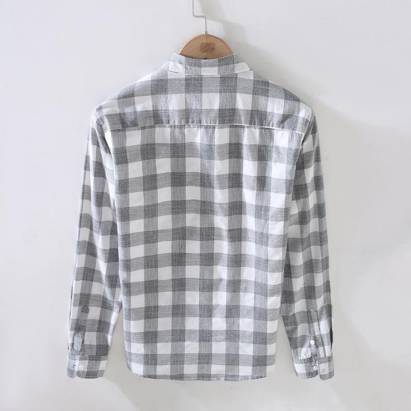 913 S/S Fresh Plaid Long Sleeve Shirt - Men's Casual Loose Fit Square Collar