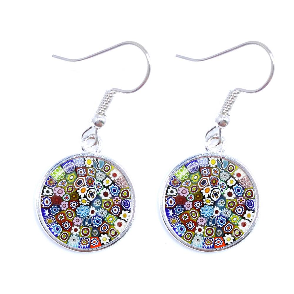 Murano Millefiori Drop Earrings MultiColour Flower 16mm Glass Cabochon Earring Jewelry For Women Girls Gift