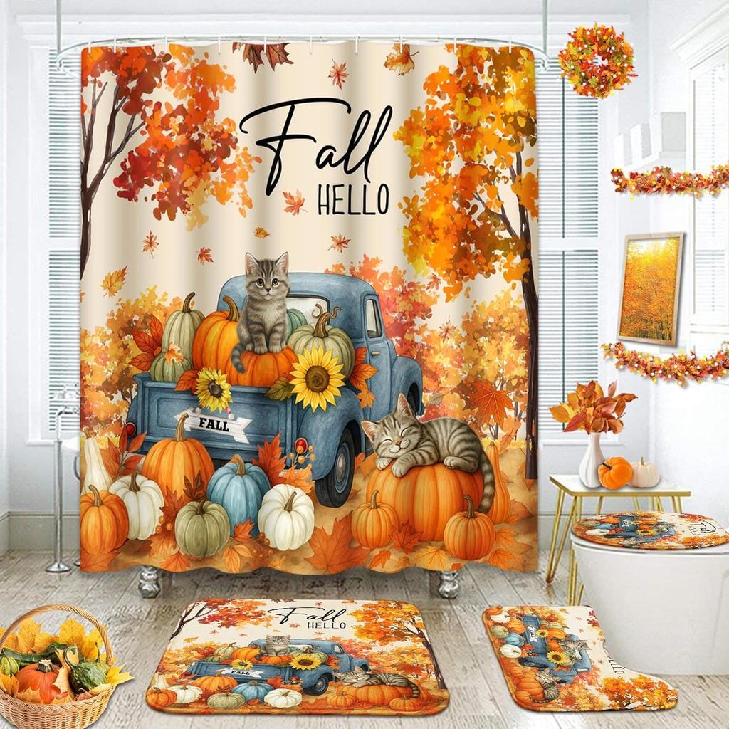 Arttown Fall Shower Curtain Set With Toilet Lid Cover And Non-Slip Rugs, Gnomes Autumn Pumpkins Teal Truck Thanksgiving Harvest