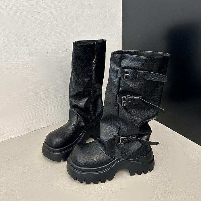 

Thick-soled pleated belt buckle trouser boots women s 2025 new European and American retro style but knee fashion boots knight boots tide 35 чёрный
