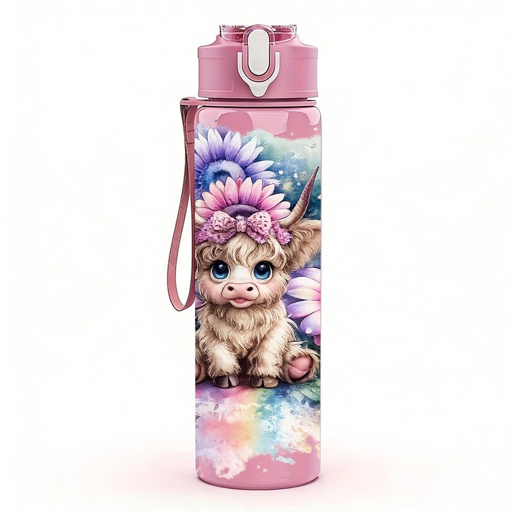 1PC Puppy Dog Mixed Flower Print 750ml Color Plastic Sports Water Bottle Leakproof Flip Straw Lid Suitable for Sports Office Home Use