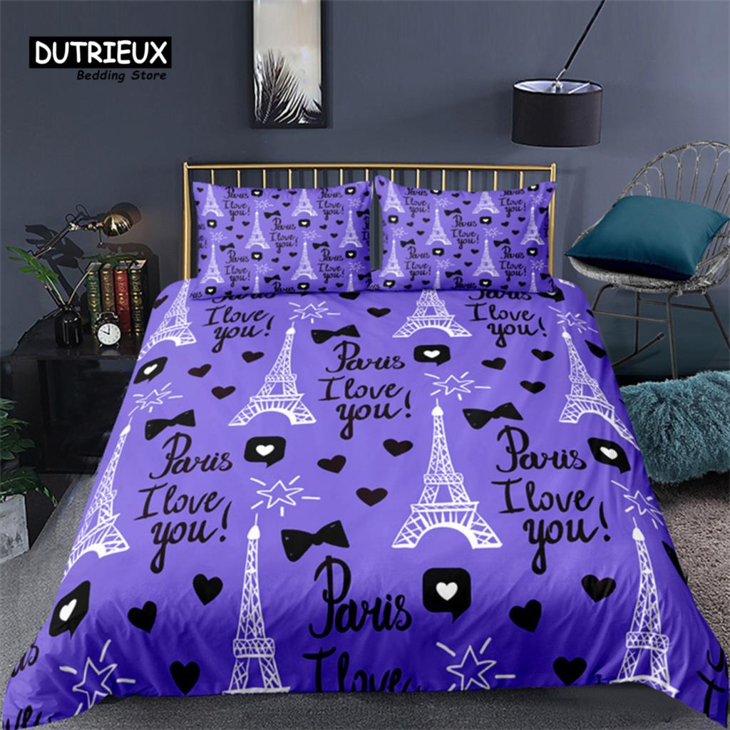 2/3KS Soft Paris Eiffelova věž Sada povlaků na přikrývku Love Heart 3D Print King Queen Sada povlečení na přikrývku z mikrovlákna Domácí textil
