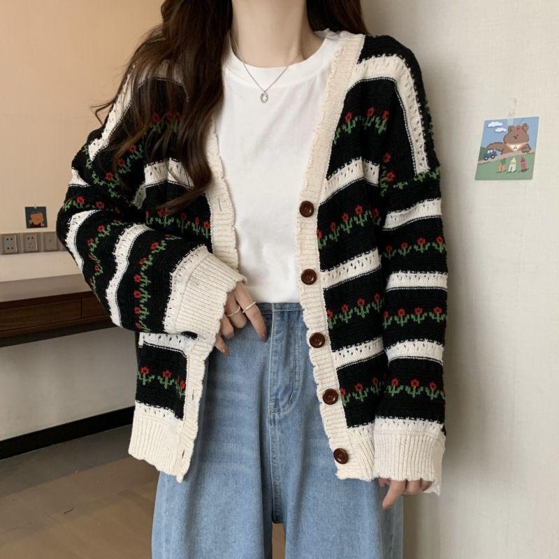 Flower Striped Woman V-neck Sweater Color Blocking Pattern Warm Women's Cardigan Korean Style New Autumn and Winter Top