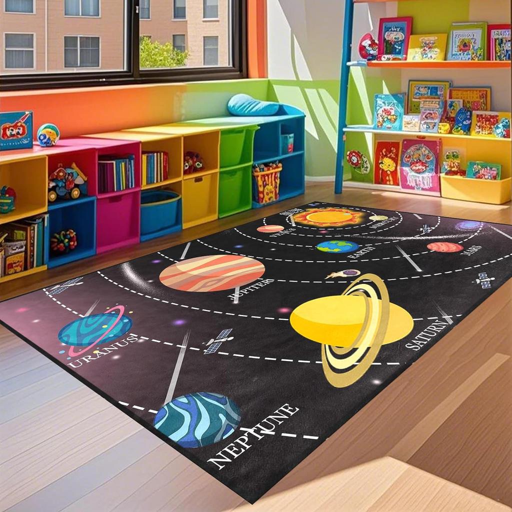 Space Rug - Space Rug for Boys Room Cartoon Solar System Carpet Educational Learning Carpet for Playroom Planet Themed Mat
