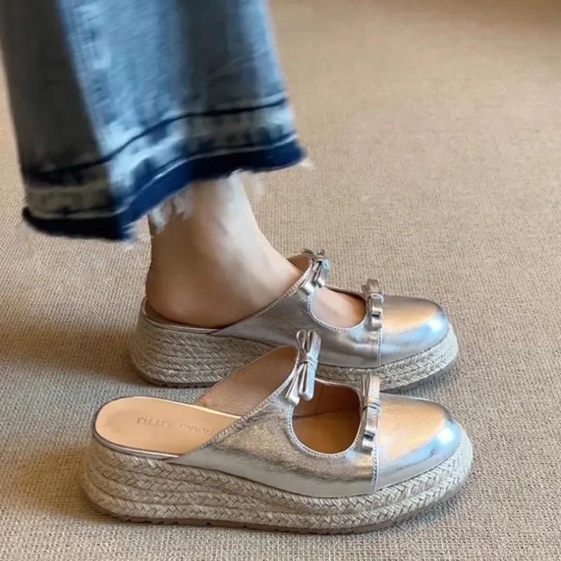 Fashion Ladies Shoes 2025 Summer Fashion Closed Toe Women's Slippers Outdoor Casual Butterfly-knot Comfortable Platform Wedge Sandals