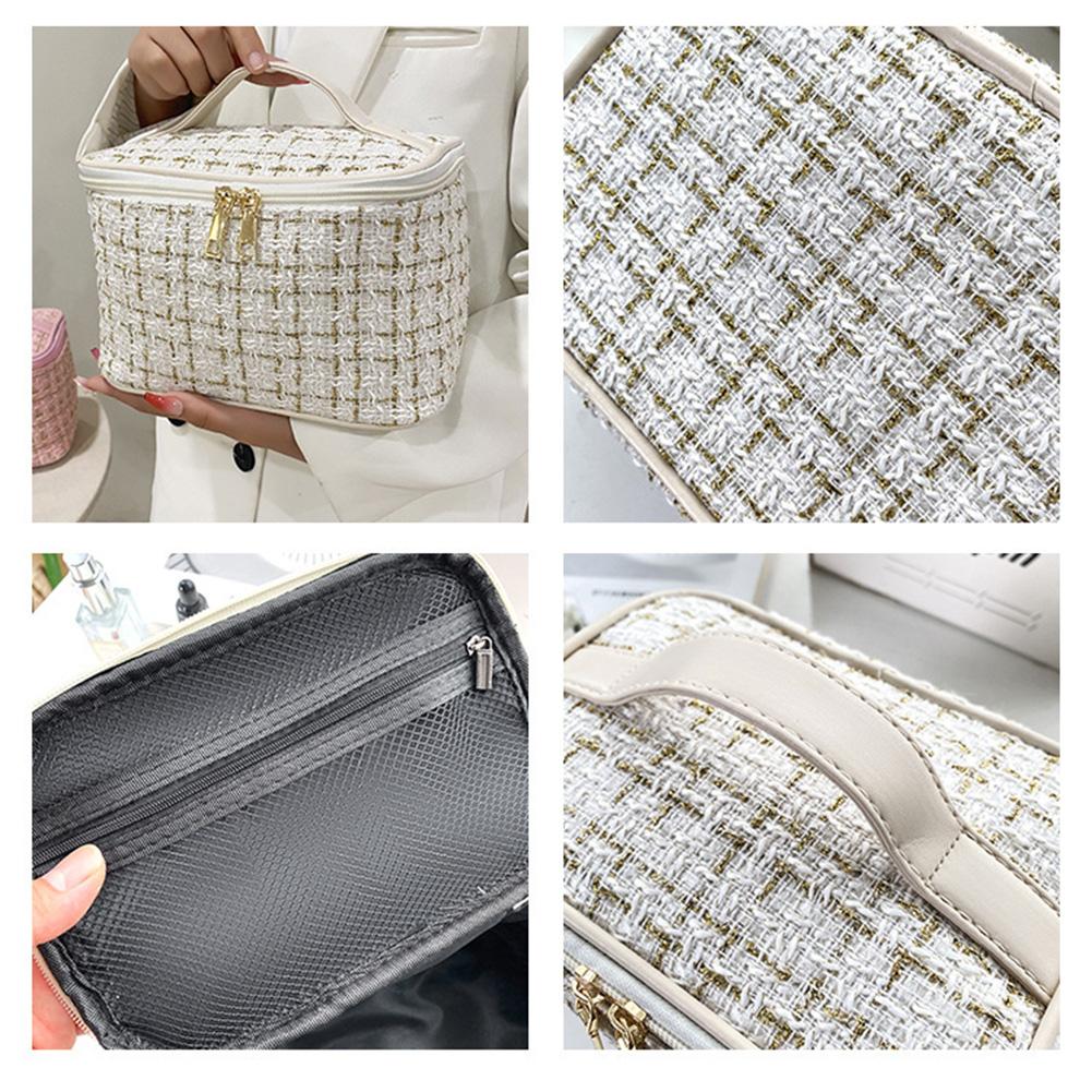 Large Capacity Plaid Cosmetic Bag Korean Tweed Makeup Organizer Toiletry Bag Women Travel Portable Storage Case