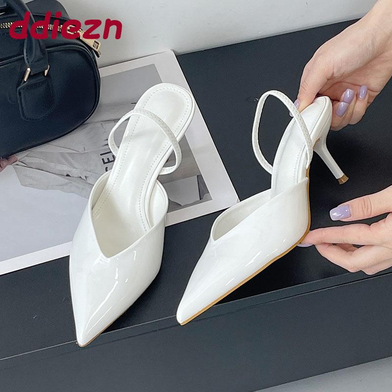 Fashion Fashion Pointed Toe Women Thin Heels Sandals Shoes Shallow Ladies Heeled Sandals Slides Female Mules Pumps Big Size 43