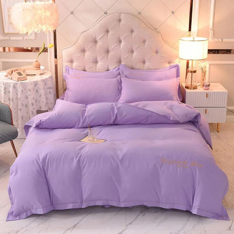 4pcs/set European-style Simple and Modern Solid Color Embroidered Quilt Bedding Bed Skirt Set Bedding Set Comfortable Soft Four-piece Set