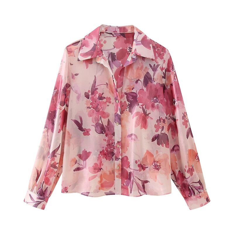 

Western Style Women Lapel Long sleeve Top Thin Flower Print Shirts High Waist Skirt 9878061 252 Shirt L