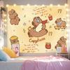 Butter Toast Cat Tapestry Wall Art for Bedroom Living Room Decoration Cute Coffee Bread Cartoon Cat Milk Yellow Warm