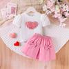 Summer Girls' Fashion Set: Cute and Heart-shaped Puffed-sleeve Short-sleeved Top and Short Skirt for Children