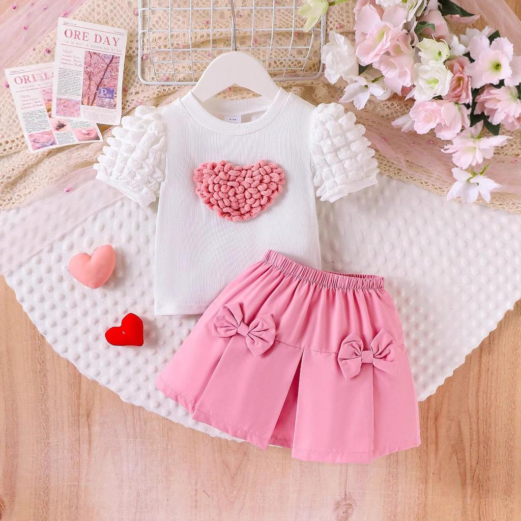 Summer Girls' Fashion Set: Cute and Heart-shaped Puffed-sleeve Short-sleeved Top and Short Skirt for Children